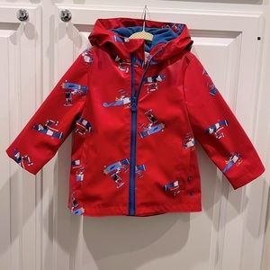 Joules red raincoat dog airplanes with blue fleece interior hardly worn -Size 3